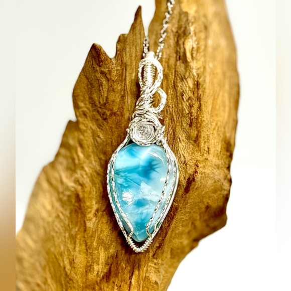 Artisan Jewelry - HAND CRAFTED Larimar Cubic Zirconia wire Wrapped Silver Filled Pendant Necklace